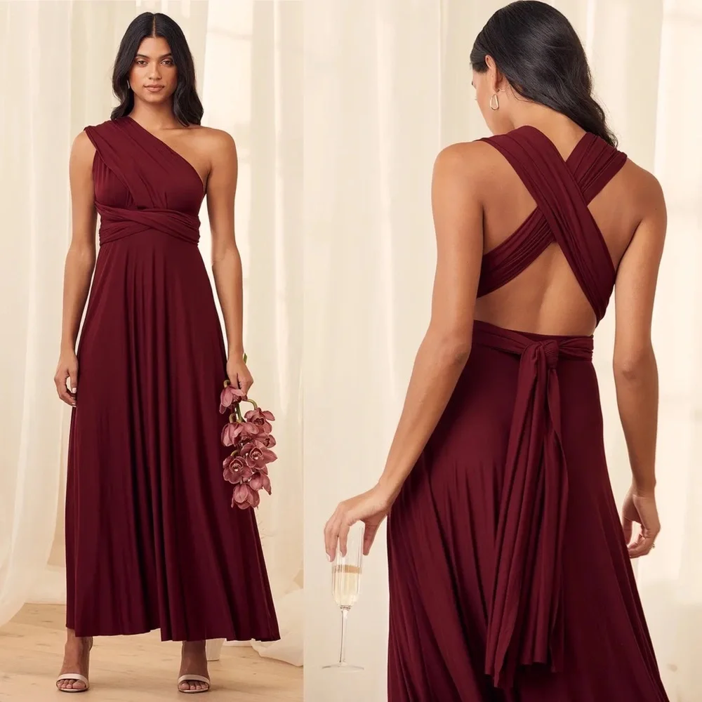 Lulus Convertible Maxi Dress Bugundy Tricks of Trade Size XS Bridesmaid Boho NWT - Picture 4 of 11
